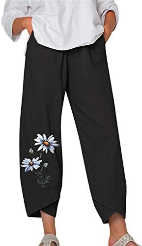 Ženske posteljine hlače, visoki struk širok noga palazzo joga capris ljetni leptir Ispis trendi obrezanih pantalona sa džepovima