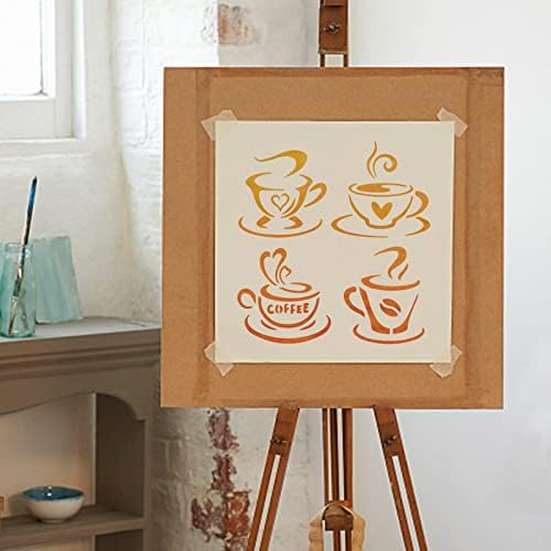 MAYJOYDIY šolja za kafu šablon za crtanje kafe 11,8×11,8 inča 4 uzorka PET plastična slika kafe za višekratnu upotrebu predlošci za uređenje zidova kućne trpezarije