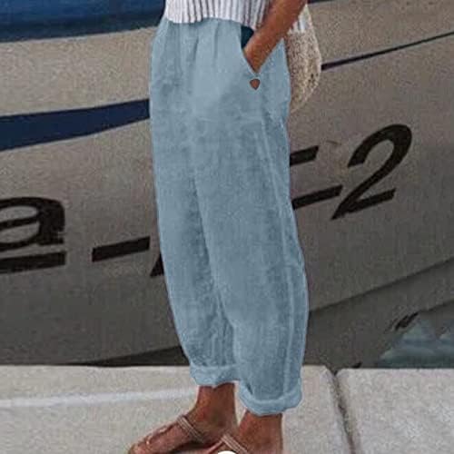 Pamučne lanene pantalone ženske letnje Casual kapri pantalone sa džepovima udobnih pantalona na plaži visokog struka Vintage harem pantalone