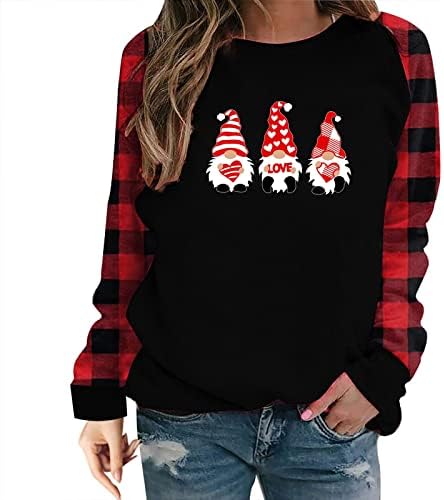 Ženski dan zaljubljenih karirani vrhovi slatki Gnome Love Heart Print duksevi Dugi rukav pulover Funny Novelty Shirts