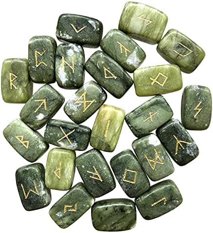 Fekuar Natural Green Jade Rune kamenje Set, ugravirani stariji Futhark Viking Abeceda Runes Gemstone