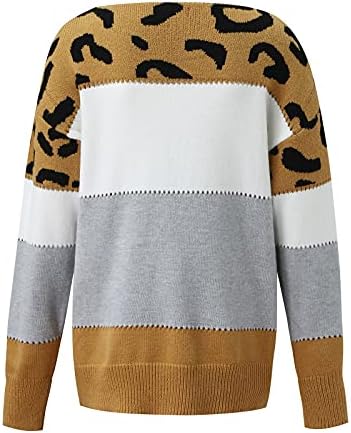 Džemper za posade za žene za žene blokiranje boja Leopard ispisano labava bluza O-izrez pleteni pulover dugih rukava