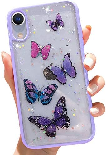 Wzjgzdly Butterfly Bling Clear Case kompatibilan sa iPhone XR, Glitter Case za žene slatka tanka meka Zaštitna navlaka za telefon otporna na klizanje za iPhone XR 6.1 inch-Purple