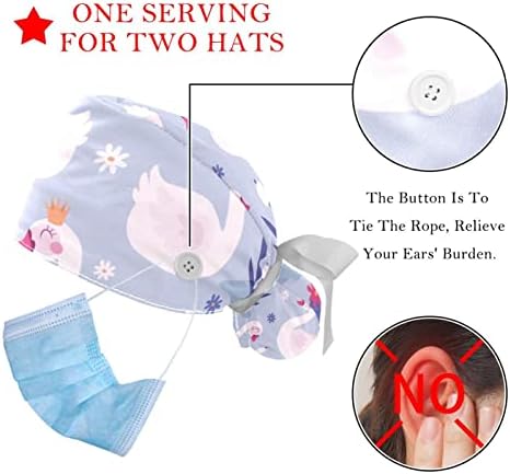 Medicinske kape za žene sa tipkama Long Hair, 2 komada podesiva radna kapa, elegantna labudna kruna ljubičasta