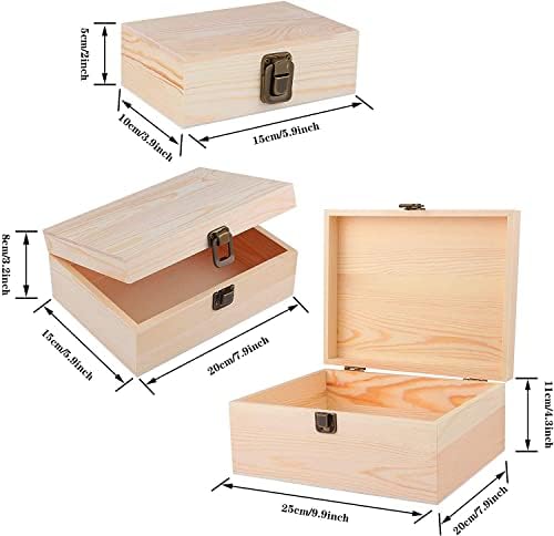 3 pakovanja nedovršenih drvenih kutija, pravougaona kutija od borovog drveta, sanduk za blago sa poklopcem