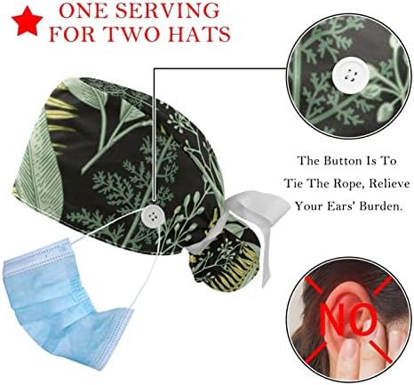 2 komada podesiva radna kapa s tipkama i vrpcom za ženske duge kose, vintage zeleni lišće