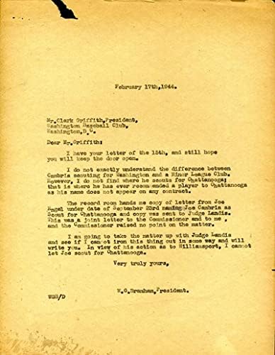 Clark Griffith JSA Coa potpisao 1944 senatori pismo autogram