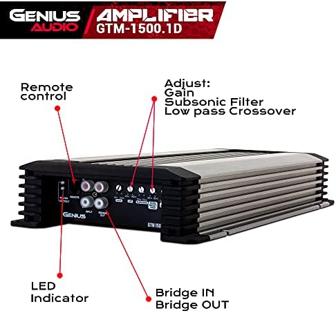 Genius Audio GTM-1500.1D Kompaktni puni analni pojačalo pojačalo goriva Monoblock 3000 W Max klase D 1 Ohm stabilan sa sistemom zaštite napajanja i bas pojačanjem za zvučnike i performanse zvučnika