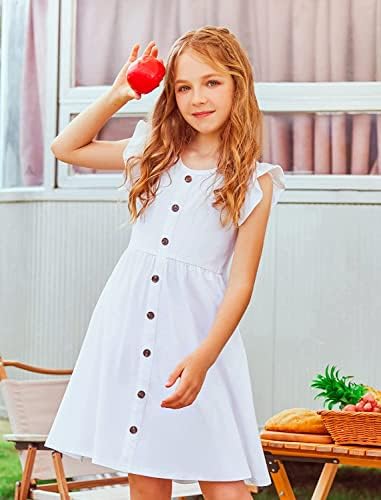 Arshiner djevojke oblače Flutter rukav a-Line dugme dolje Sundress Casual Midi haljine za djecu 4-12 godina