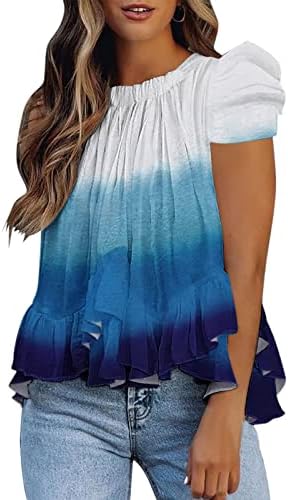 Ženska Tie Dye Print Ruched Ruffle Hem Shirts Sakrij stomak vrhovi Casual okrugli vrat kratki rukav