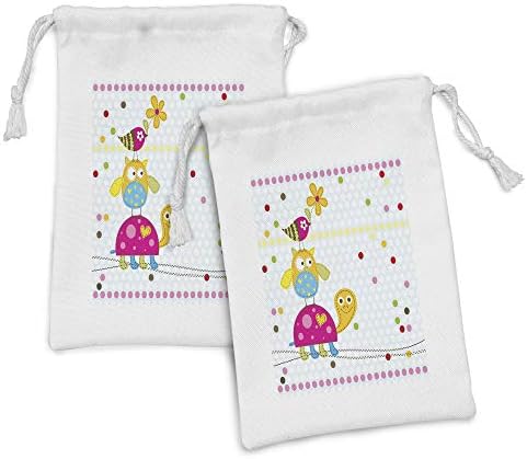 Lunarna crtana tkanina set od 2, šarene tačke i patchwork stil smiješne životinje Vesela priroda ptica kornjača, mala torba za vuču za toaletne potrepštine, 9 x 6, višebojni