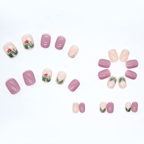 Flower Press na noktima kratki, 24 kom Tulip Flowers lažni nokti ljubičasti sjajni lepak na noktima