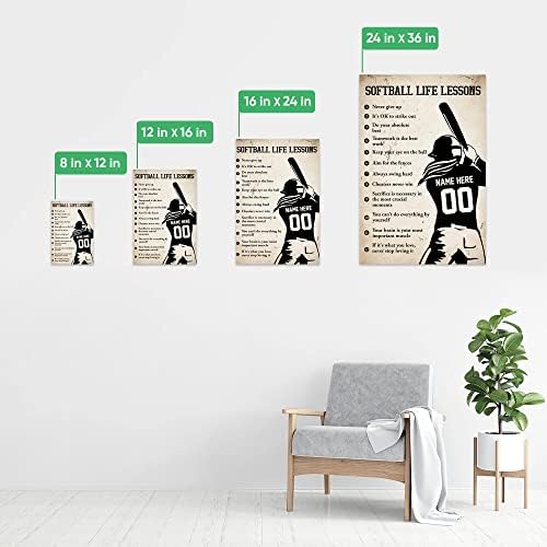 OhaPrints prilagođene Softball životne lekcije sportski motivacijski poklon za djevojčice personalizirani naziv Broj Poster & uokvireno platno, dekoracija kućne kancelarije zidna Umjetnost dnevna soba spavaća soba estetski dekor
