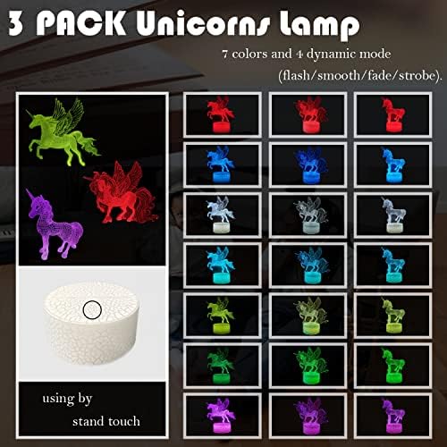 Unicorns noćno svjetlo za djecu, 3 uzorka 16 boja zatamnjiva LED 3D Iluzijska lampa sa daljinskim ili pametnim dodirom, noćne lampe kao rođendanski pokloni za djecu djevojčice