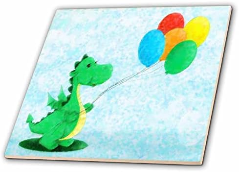 3drose slika zelenog dinosaurusa sa pet balona u boji oslikanim impresionizmom-pločice
