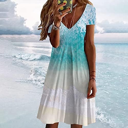 Ženska haljina s kratkim rukavima s V-izrezom ljetna casual labava duljina koljena haljina vintage splacena majica tunika haljina za plažu