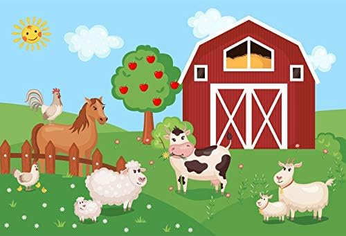 Renaiss 5x3ft Cartoon farm Backdrop Crvena štala jabuke slatke Domaće životinje krava ovca konj zelena