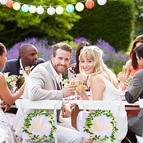 2 seta Vjenčanje MR i MRS Znakovi stolice za stolicu i mladenci ZNAČI Drveni cvjetni zelenijski vijenac Rustikalni dekor vjenčanja Boho svadbeni predsjedavajući za prijedlog prijedloga za vjenčanje