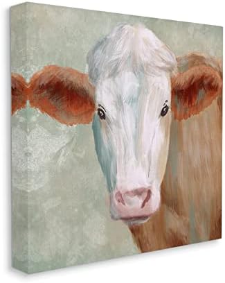 Stupell Industries slatka smeđe Bijela seoska krava gleda sliku krupnog plana, dizajn Marcus Prime