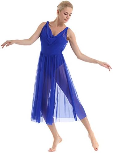 Acsuss Womens Adult Lyrical bez rukava Illusion V-izrez mrežica Split Flowy suknja Mesh baletna plesna haljina