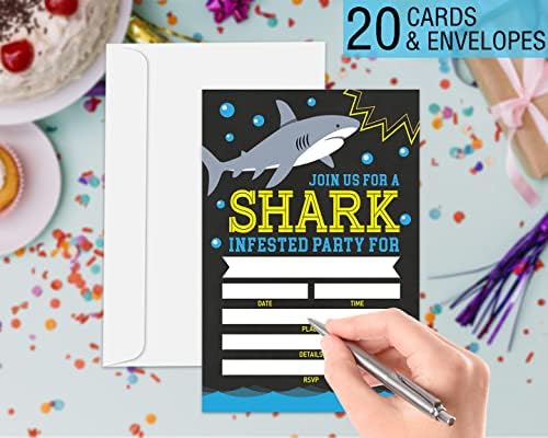 Goxfoc morski pas za rođendani sa koverte 20 paketa, morskih paketa za zabavu za djecu za dječje pozivnice, morski psi Dječji dječački rođendanska zabava poziva