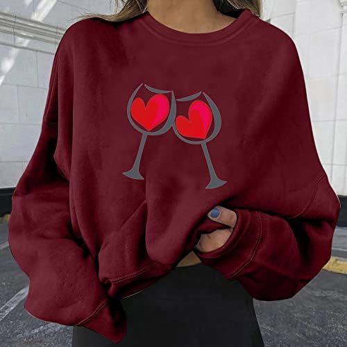 Valentinovo dukserica za žene Crveno vino Staklo srce Bluza za bluzu od raglan dugih rukava TOP Ležerni pulover