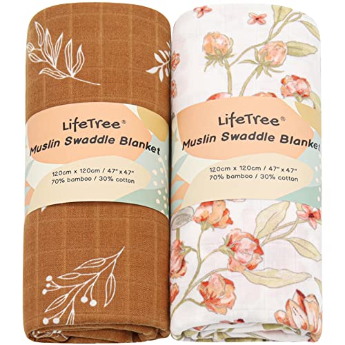 LifeTree muslin swaddle pokrivač za djevojčicu novorođenče, 2-pakovanje bambusovih pamuka velikog beba zavijanje, cvjetni i preplanuli list