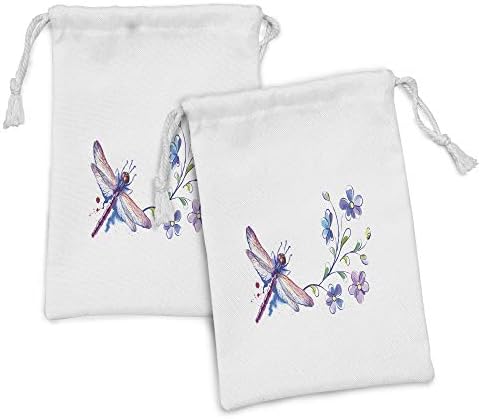 Ambesonne Dragonfly tkanina TOUCK set od 2, akvarel Bug Butterfly poput grane moljaca Ivy Cvijeće Lijina umjetnost, mala torba za vuču za toaletne potrepštine, 9 x 6, zelena ljubičasta i plava