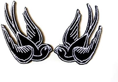 Set od 2 malenog. Mini crne malene ptice Tattoo Swallow Dove Sparrow Slatka crtani crtin1 Logo zakrpe za šivanje željeza na vezenom aplicijskoj znački znak patch odjeću kostim