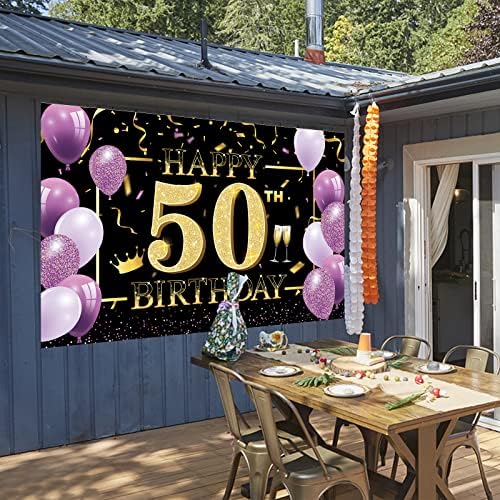 Happy 50th Birthday Yard Banner, Happy 50th Birthday Banner Decorations for Women / Men, Large 50th Birthday Backdrop, 50th Birthday Party Supplies Decoration For Outdoor Indoor purple / Black