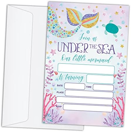 Rlcnot Pozivnice za rođendan sa kovertima od 20 - akvarel ocean pod morskim sirenim rođendanama pozivnice za djecu, dječake ili djevojke, slavljenica za djecu, zalihe / bday075