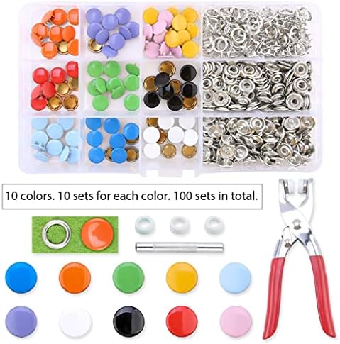 Zhuhw 100 setovi Snap Pričvršćivači Kit alat, metalni tasteri prstenovi sa kliještama za učvršćivač Pritisnite Alat za odjeću šivanje 10 boja