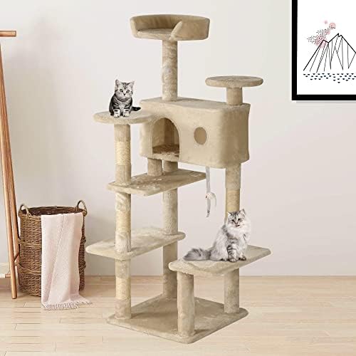 Veliko mačje drvo na više nivoa za zatvorene mačke 54 inča mačji toranj sa sisalom prekrivenim stubom za grebanje & igračka za mačke, mačići Activity Center Tower Cat Condo Cat Tree Tower namještaj Cat Climber, bež