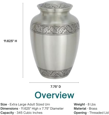 Classic Laurel Pewter Mesing kremacija urna za pepeo - ekstra veliki, mesing, siva pratilac urn, ekstra velik kremacija za odrasle urn, 11.625 inča visoko