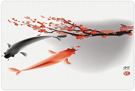 Ambesonne japanska prostirka za kućne ljubimce za hranu i vodu, par koi šaran riba koji pliva sa dizajnom kulture grane Trešnjinog cvijeta Sakura, pravougaona neklizajuća gumena prostirka za pse i mačke, narandžasto siva