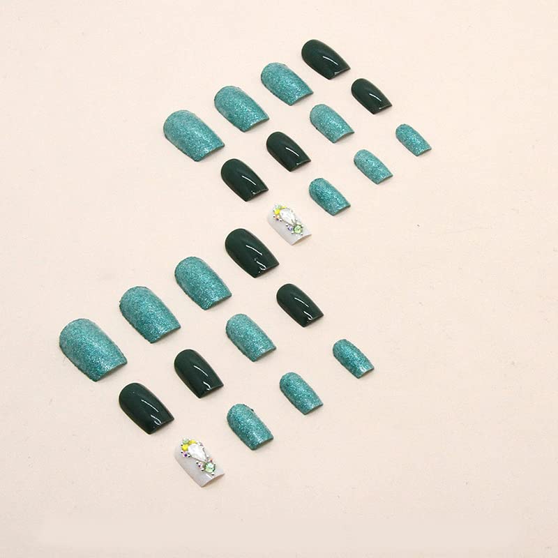 FULDGAENR Green Press na noktima kratki kvadratni lažni nokti sa kamenčićima sjajni dizajn, full Cover umjetni