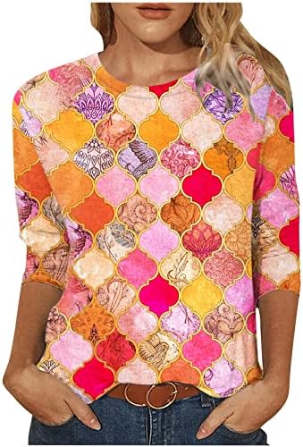 LCEPCY ženska moda 3/4 rukav tunik vrhovi okrugli vrat šareni ispisani majica labava bluza 2023 Proljetna ljetna odjeća