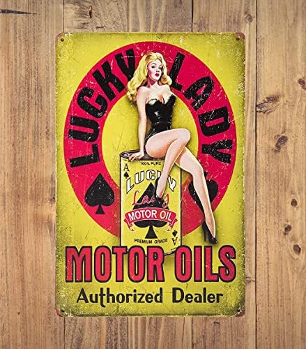Erlood Lucky Lady Motor naftorno naftno servis Garaža Garaža zastupnik Pin Up Girl Retro Vintage Decor Tin Sign 12 x 8