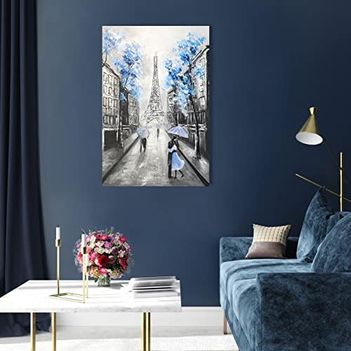 YPY Sažetak Paris Canvas Wall Art: crno bijela slika Ajfelovog tornja za dekor dnevne sobe, plavo siva ručno obojena teksturirana uljana slika velika moderna umjetnička djela dekoracija Doma 24 x 36
