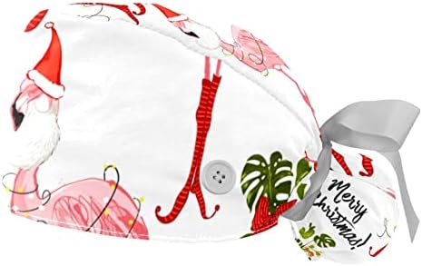 Radni kapu s tipkama i vrpcom za žene 2 pakovanja Božićne flamingo Podesivi uniseks hirurški kapica
