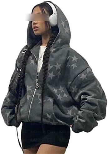 KMBANGI Zip Up duksevi za žene Vintage grafički s kapuljač s kapuljačom Y2K prevelika jakna za kockiranje