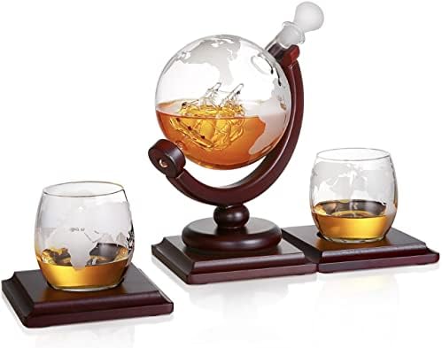 Set dekantera za viski sa 2 urezane čaše za viski i 2 podmetača za drvo, Globus dizajn za alkohol, viski, burbon, votku, tekilu, poklone za muškarce, 850 ml