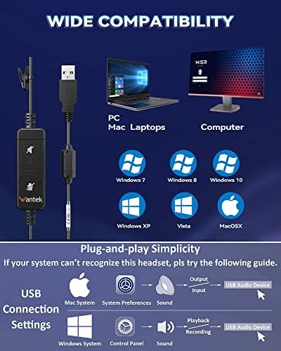 WANTEK USB slušalice Mono sa mikrofonom za poništavanje buke i In-line kontrolama, UC poslovne slušalice za Skype, SoftPhone, pozivni centar, kristalno jasan Chat, Super Lagan, Ultra Comfort