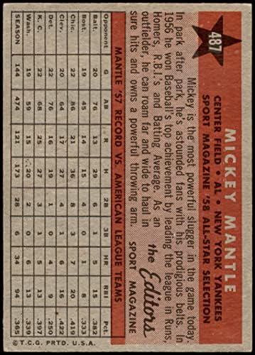 1958 TOPPS 487 All-Star Mickey Mantle New York Yankees Ex + Yankees
