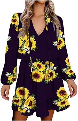 Ženska pad ljetne haljine odjeću dugih rukava čipka V izrez cvjetna grafika midi boemska dnevna haljina za djevojčice 8s 8s