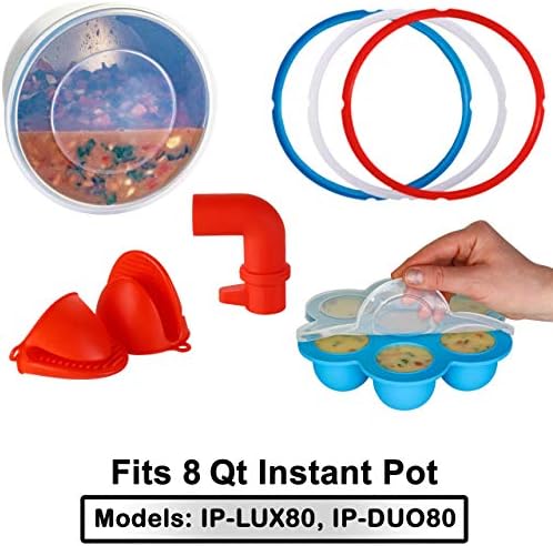 Unapređena silikonska dodatna oprema za Instant lonac 8 litara: silikonski poklopac, 3 silikonska zaptivna prstena, silikonski kalup za ugrize jaja, rukavice, Preusmjerivač pare- autentično bez silikona-BPA, bez ftalata