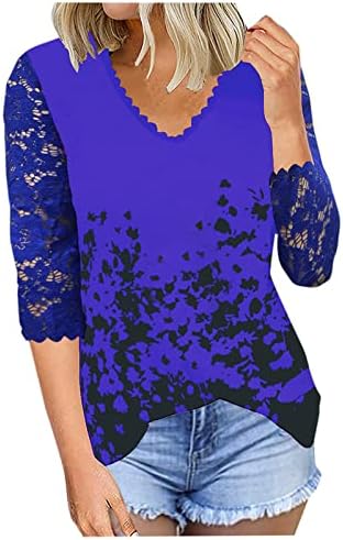 Royal Blue Girls Odjeća Trendy V izrez Čipka Grafički Capri top košulja Ljeto jesen 3/4 bluza s rukavima za