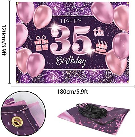 Pakboom Happy Banner 35. rođendan Backdrop - 35 Rođendanske ukrase za žene za žene - ružičasta ljubičasta zlato