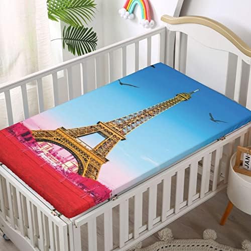 Pariz Tema sa opremljeni krevetić, standardni madrac sa krevetom ugrađeni list mekani madrac za mali toddler ugrađen za dečko ili devojčicu ili vrtić, 28 x52, fuchsia plava