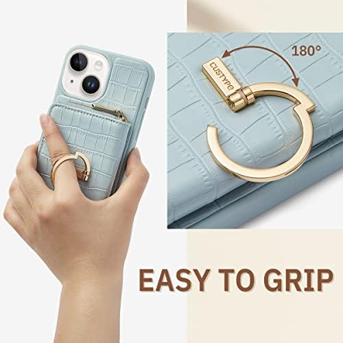 CUSTYPE za iPhone 14 Case novčanik sa držačem kartice za žene, Crossbody Zipper Case sa remenom ručni zglob, zaštitna kožna torbica sa prstenom za Apple iPhone 14, 6.1 inch, plava